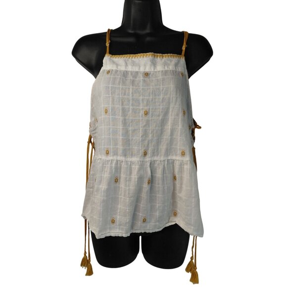The Impeccable Pig Womens Sleeveless Peplum Top M White & Mustard Embroidered - Picture 2 of 9
